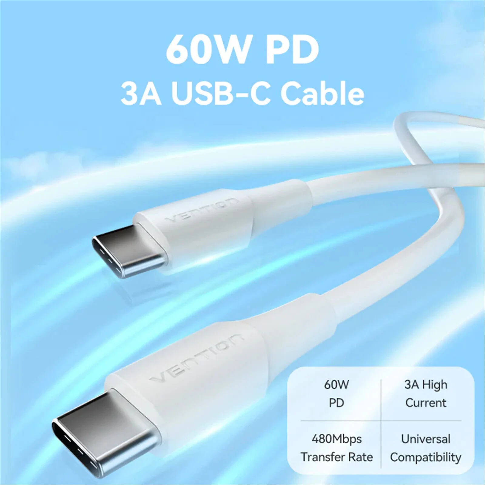 USB 2.0 C Male to C Male 3A Cable | 60W PD | 1M | Fast Charging Cable - Image 2